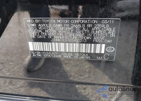 2011 Lexus Es 350 from USA, damaged, VIN JTHBK1EG1B2450213